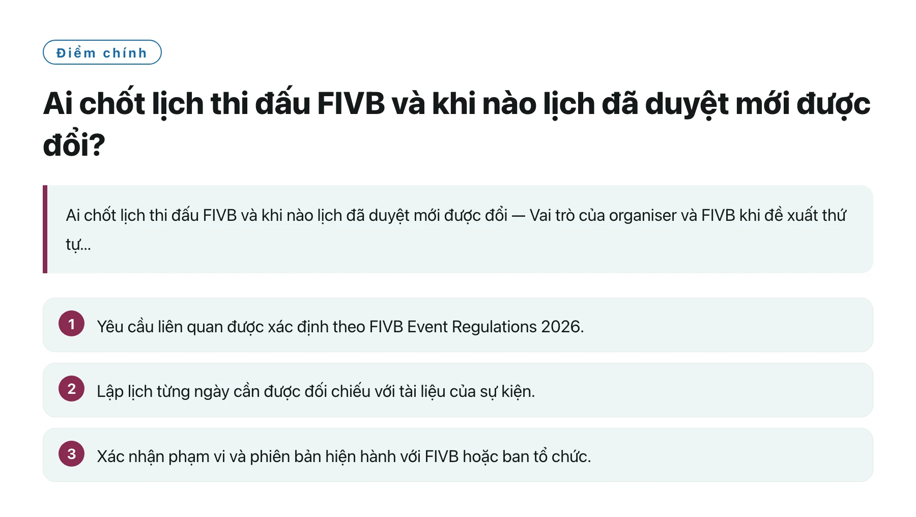 Ai chốt lịch thi đấu FIVB và khi nào lịch đã duyệt mới được đổi?——全文要点速览